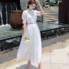 Runway Design Ladies Lace Patchwork Gasa Vestido largo plisado Vintage Mujer Elegante Cintura alta Slim Maxi Vestidos Vestido 210519