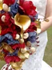 Bridal Flower Cascading Bouquet Red Roses Golden Calla Lily Waterfall Wedding Flowers Artificial Handmade Brosch Noiva3672697