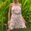 花のプリントミニドレスの女性夏の女性肩の葉のドレスカジュアルなビーチドレスエレガントなショートドレス210415