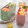 Miljövänlig 900ml Lunchbox Vete Straw Bento Food Storage Container för Picknick Kontorsskola Med Porslin 3 Layer 210423