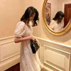 Fashion Elegant White Lace Hollow Out Dress Women's Short Sleeve High Quality Sparkling Diamonds Dresses 210520