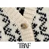 TRAF KVINNOR Fashion Button-up Tryckt stickad väströja Vintage V Neck, Ärmlös Kvinna Waistcoat Chic Toppar 210415