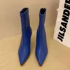 2021 New Winter Luxury Women Blue White High Heels Ankle Boots Soft Leather Zippers Stiletto Short Boots Pointed Toe Party Shoes Y1209