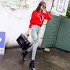 Höst Hög midja Jeans Fashion Hole Ripped Woman Skinny Blue Korean Bomull Vintage Slim Cool Denim Trousers 10416 210508