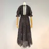 Пустые из черного летнего платья для женщин V шеи слойные рукава высокие талии кружев на нотах Платья бантом женские мода 210520