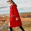 Ceket kızlar yünlü ceket moda çocukları dış giyim sonbahar kalın uzun kırmızı yaka işlemeli kenar kızlar için kış ceket