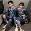 Silk par pyjamas set långärmad lyxig solid glänsande pyjama kvinnor överdimensionerade män Sleepwear Nightgown vår hem kläder 210524