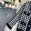 Women Autumn Winter Plaid Houndstooth Knitted Set Long Sleeve Cardigan + Elastic High Waist Skirt Women's Two Piece Pants 2021