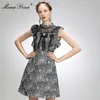 ファッションデザイナーのドレス夏の女性のドレススタンド襟のレーススパンコールビーズフリルヒョウビンテージショートドレス210524