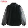 Camicetta nera da donna stile corto moda maglia patchwork trasparente camicie a maniche lunghe top chic femminili QJ105 210416