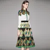 Autumn European And American Women's Lapel Long-sleeved Shirt Waist Wooden Ear A Word Half Skirt Print Two-piece Suit 210515