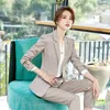 ファッション高品質の女性のプロのウェアワーク服のインタビューカジュアルチェック柄長袖女性のジャケットスリムズボン210527