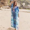 Bohemian Printed Summer Women Beachwear Kaftan Cover-ups Beach Dress Cotton Tunic Swim Wear Cover Up Robe de plage #Q736 210420