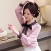 秋の堅い長袖シフォンブラウス女性韓国のファッションの服白いピンクの弓トップスオフィスレディブラウス5424 50 210527
