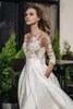 2022 Satin Bröllopsklänningar Boho Halv ärmar Bow Pocket Bridal Dress Lace Appliques Bröllopsklänning Anpassad Made Robe de Marie