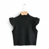 Mode zwarte ruches mouwloze gebreide top vrouwen O-hals korte knitwear casual dames streetwear vrouwelijke 210520