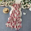 Femmes mousseline de soie robe de plage été Slash cou irrégulier midi robe longue coréenne imprimé fleurs volants une robe de ligne 210419