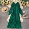 Vintage plissé en mousseline de soie longue Robe femmes décontracté solide rose/vert/rouge col rond drapé mince vacances Vestidos automne Robe 210915