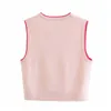 Evfer Menina chique de malha argyle rosa za curto colete colete mulheres casual primavera sem mangas o-pescoço suéteres feminino jumpers bonitos 210421