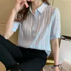 Summer Korean Moda Szyfonowe Kobiety Bluzki Mesh Office Lady Koszula I Bluzka Solidna Koronkowa Kobieta Blusas Plus Rozmiar XXL TOPS 210531