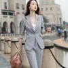 Aprikos kostym sommar casual temperament mode formell smal blazer och byxor kontor damer arbete bär 210604