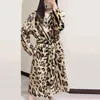 Damska Fur Faux 2021 Leopard Print Płaszcz Z Długim Rękawem Z Pasem Odwróć Kołnierz Kurtka Zimowe Kobiety Teddy Fourrure Femme