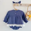 Spring Autumn Infant Baby Girls Grid Swan Embroidery Rompers Clothing Kids Girl Long Sleeve Clothes 210429