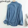 Vintage Blue Denim Blouse Chemise Femmes Manches longues Collier de revers Casual Loose Spring Chemises Plus Taille Blusas 210430