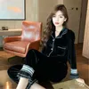 Velvet Lace Splicing elegant Pajama Sets Long Sleeve Top + Pant Sleepwear Women Korean Style Spring Black White Pijama Home Suit 210421