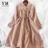 YuooMuoo Vintage poches conception femmes chemise robe automne hiver cordon une ligne robe mi-longue élégantes dames robes de bureau 210806