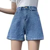 Sommar vintage blå kvinnors denim shorts mitten midja jeans chic beach kvinnliga bredben byxor fickor 210428