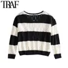 TRAF Women Fashion Hollow Out Striped Knitted Sweater Vintage V Neck Long Sleeve Loose Female Pullovers Chic Tops 210415