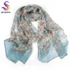 [Bysifa] 100% шелковый шифон шарф женский бренд листья дизайн серые хаки длинные шарфы пляжные шали осень зима женские шеи шарфы Q0828