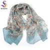 [BYSIFA] 100% Silk Chiffon Scarf Female Brand Leaves Design Grey Khaki Long Scarves Beach Shawls Fall Winter Women Neck Scarves Q0828