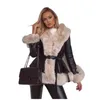 Women's Fur & Faux Fur Designer Warm Leather Jacket Female Street Collar Cardigan Style Lace-up Jackets Coat Lotus Leaf Swing Mid-length s-5xl