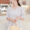 19 Korean Casual Short Sleeve Dot V-Neck Women Blouse Summer Office White Slim Elegant Sweet Valuable Female Shirt 4933 50 210417