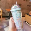 450mlかわいいレインボータンブラーマグカップカップダブルプラスチックとストローペットの材料のためのダブルプラスチックのためのダブルプラスチック海LLB10955