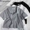 Kimutomo Vår sommar Elegant T-shirt Kvinnor Now-down Collar Kortärmad Double Zipper Short Tops Stickning Casual 210521