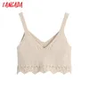 Frauen Mode Aushöhlen Beige Abgeschnitten Gestrickte Tank Tops Vintage V Neck Straps Weibliche Camis Mujer BE546 210416