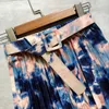 SURMIITRO Spring Summer Autumn Women Korean Style Blue Green Tie Dye High Waist Midi Long Pleated Skirt Female With Belt 210712