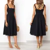 Casual Simple Solid Sundress Women Hoge taille Mouwloze slash nek Midi A-lijn jurk plus size wit zwart rode lange jurken 210619