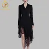 Осень и зимнее темперамент тонкий с длинными рукавами черное зарезанное платье нерегулярное кружевное женская одежда 210520