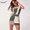 Liooil Patchwork Cotton Denim High Waist A-Line Kjolar Med Fickor Höst Streetwear Färg Block Zipper Kvinnor Sexig Mini Skirt 210629