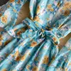 Femmes Bleu / Beige Fleur Imprimé Robe Midi Bohème D'été Col En V Simple Poitrine Big Swing Robe Élégante Fête Plage Vestidos Y0603