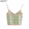 Frauen Swee Plaid Print Kurze Strick Schlinge Pullover Weibliche Spaghetti Strap V-ausschnitt Weste Chic Sommer Crop Tops SW718 210416