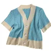 Kurzärmliges Pullover-T-Shirt mit süßem Retro-Leinenmuster für den Sommer, koreanisch, mit kontrastierenden Kanten, V-Ausschnitt, geknöpftes, dünnes kurzes Oberteil 210420
