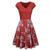 플러스 사이즈 S-4XL 여름 여성 드레스 꽃 프린트 50S 60S 빈티지 로크 빌리 드레스 캐주얼 도트 A 라인 레트로 드레스 여성 Vestidos 210507