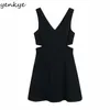 Sexig sida öppning midja klänning kvinnor v nacke ärmlös a-line mini vintage svart kvinnlig sommar tank vestido 210430