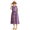 Johnature Loose Print Spring Summer Women Dress Vintage V-neck Women Clothes Purple Leisure Concise Ladies Dresses 210521