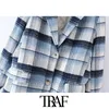 TRAF femmes mode Double boutonnage rayé laine Blazer manteau Vintage à manches longues poches vêtements de dessus pour femmes Chic Veste 210415
